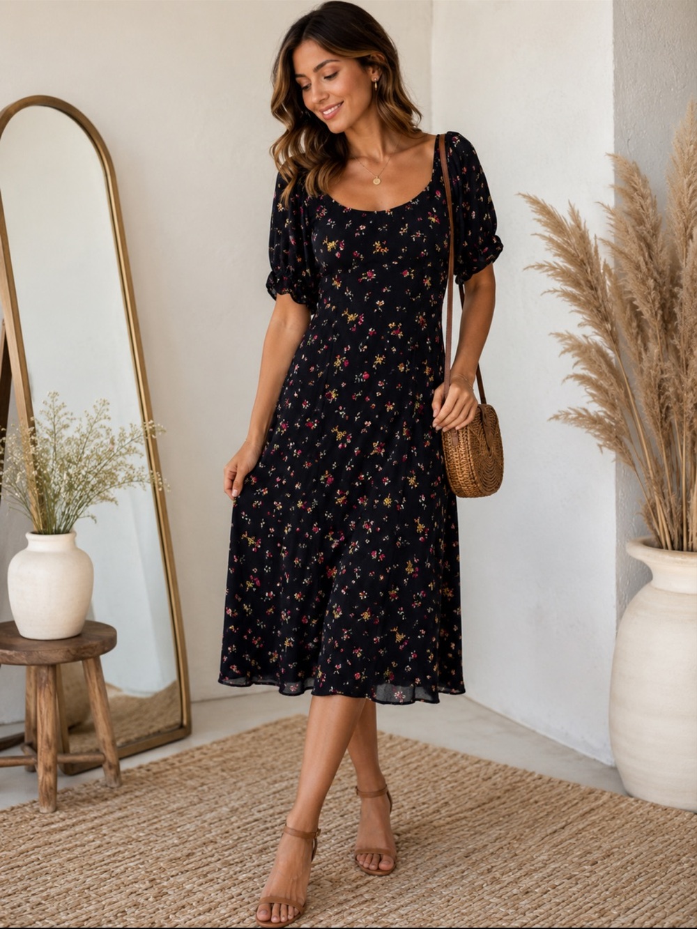 Old Navy Black Floral Puff Sleeve Smocked Midi Dress XL - Picture 3 of 8